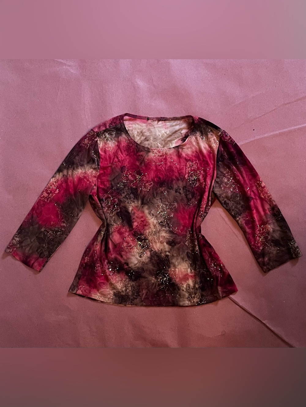 Women's Floral Tie-Dye Long Sleeve Top with Subtle Embellishment